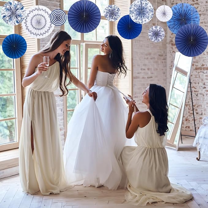 Feifeiya 12 Pcs Chinoiserie Hanging Paper Fans 8'' 12'' 16'' Blue and White Floral Paper Fans Set Round Porcelain Print Hanging Decorations for Birthday Wedding Events Party