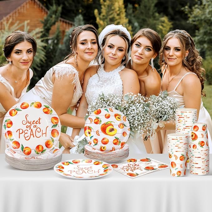 Domensi 250 Pcs Sweet As A Peach Baby Shower Party Decorations for Girls Disposable Paper Plates Napkins Cups Tableware Set for 50 Guests Peach Bride Shower Supplies for Weeding Birthday Party