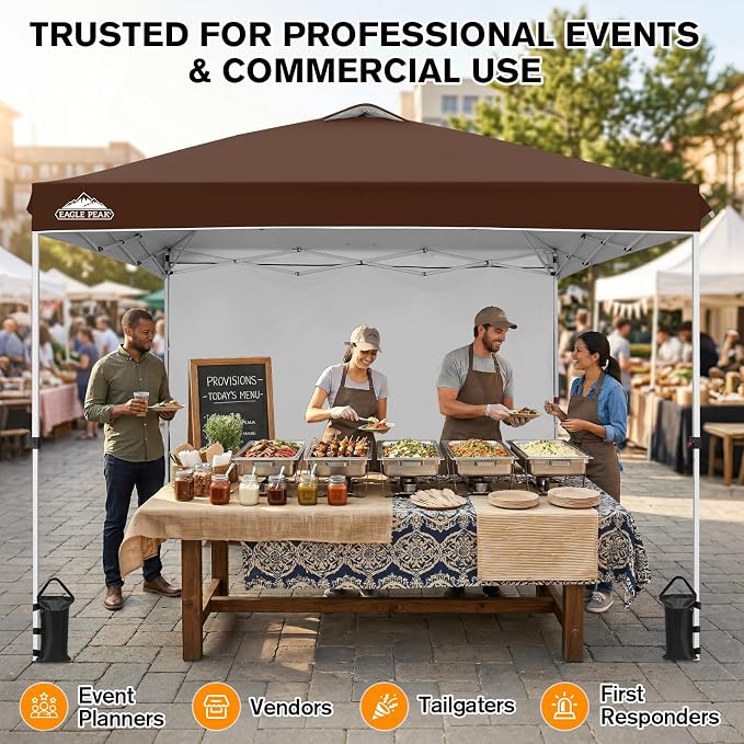 EAGLE PEAK Commercial Canopy 10x10 Pop Up Canopy Tent with 1 Sidewall, Easy Setup Heavy Duty Instant Event Shelter for Vendors & Markets, Outdoor Sun Shade, Dark Brown