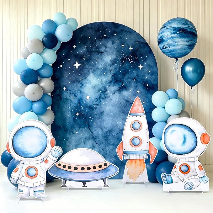Large Space Themed Cardboard Cutouts - 4Pcs Astronaut Rocket Spacecraft Spaceship Yard Sign Set Outer Space Cardboard Stand Sign for Birthday Decorations Photo Booth Props