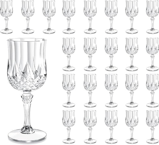 24PCS 7oz Plastic Wine Glasses Drinking Unbreakable Glassware Goblets Cups Transparent Water Reusable Vintage Champagne Flutes for Valentine’s Day, Parties, Wedding (24, Transparent)