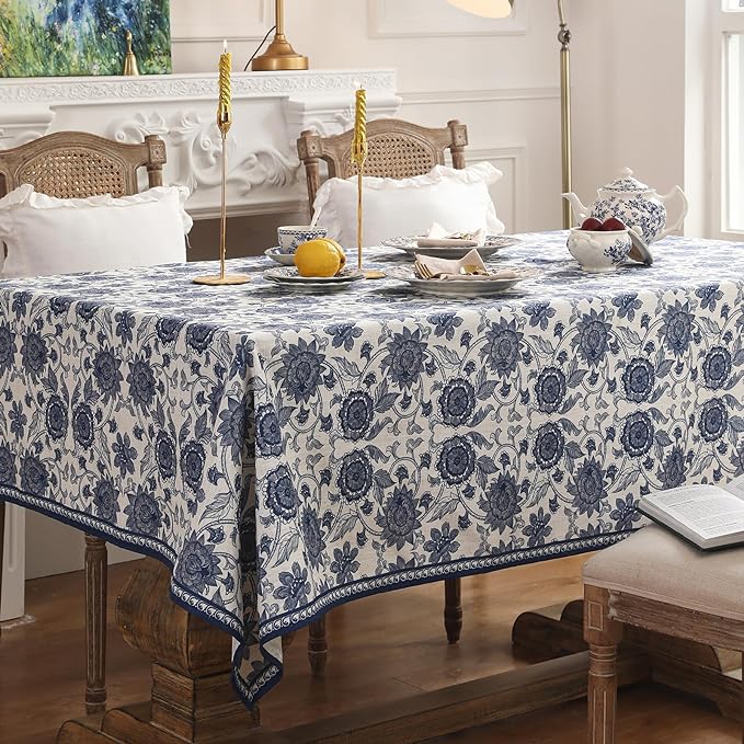 patdrea Elegant French Linen Tablecloth,Rectangular,94"x63"-Lantang A | Vintage Elegant Large Table Cloth for Rectangle Table,Blue and White Floral Print,for Dining Room Tea Party Thanksgiving