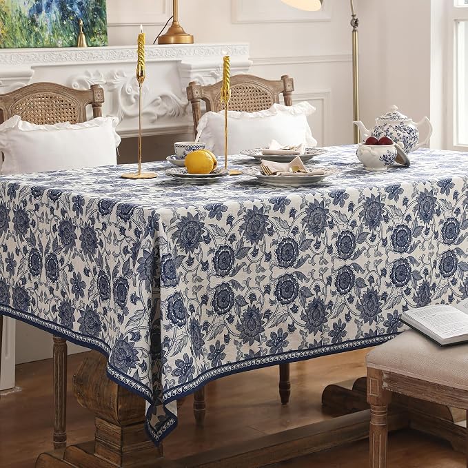 patdrea Elegant French Linen Tablecloth,Square,67"x67"-Lantang A | Vintage Elegant Table Cloth for Square Table,Blue and White Floral Print,for Dining Room Tea Party Thanksgiving