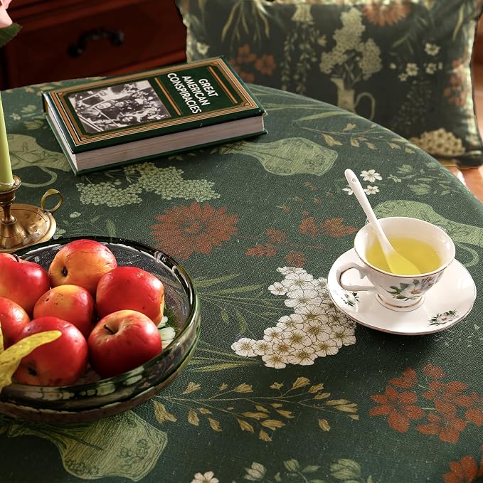 ISAENNE Designer Linen Green Round Tablecloth,Diameter 55"-Nocturne | Vintage Elegant Table Cloth for Round Table,Floral Pattern,Decoration,Heavyweight,Dining,Kitchen,Tea Party,Thanksgiving