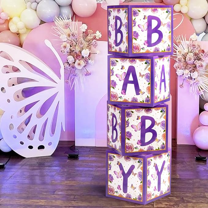 Voircoloria Baby Boxes with Letters and Butterfly Balloons for Gender Reveal Decoration (Purple)