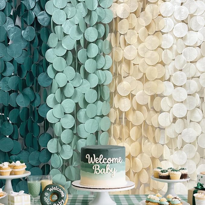 205Ft Sage Green Circle Dot Garland Backdrop Dusty Green Tissue Paper Polka Dots Hanging Streamer for Woodland Jungle Safari Neutral Birthday Baby Shower Wedding Engagement Party Decorations Supplies