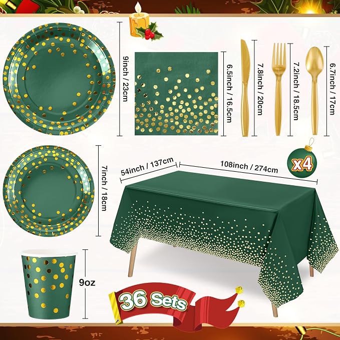 Tegeme 256 Pcs Dark Green and Gold Dot Party Supplies Paper Plates Napkin Tablecloth Set Disposable Cup Fork Knives Spoon Serve 36 Dinnerware for Birthday Wedding Aniversary Baby Shower Decoration
