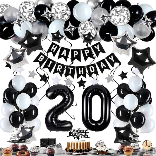 20th Birthday Decorations for Boy Girl, Black White and Silver Happy 20 Party Decor Set with 20 Number Foil Balloons, Banner, Cake Topper for Him Her