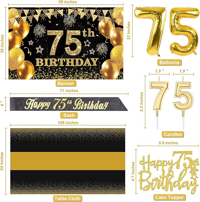 75th Birthday Decorations Men Women with 75th Birthday Banner, Black and Gold Table Cloth, Number Balloons, Large Sash, Cake Topper and Candles