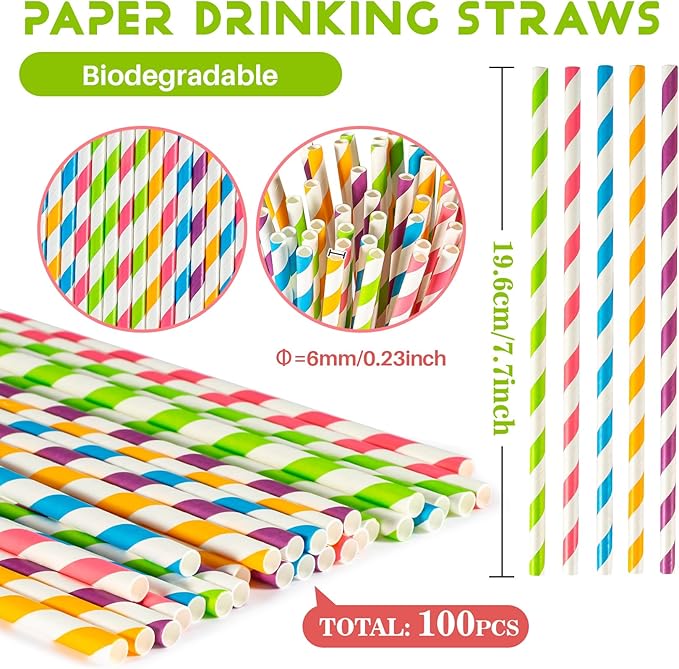 MAQIHAN 100PCS Stripe Drinking Straws - Disposable Straws 7.7 Inch Small Colourful Agave Kraft Paper Straws Bulk, for Coffee, Milk, Juice, Cocktial and Suit for Birthday Parties, Weddings, Picnic.