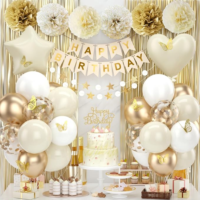 White Gold Birthday Decorations Beige Gold Balloons Happy Birthday Banner Cake Topper Fringe Curtain Paper Pom Poms Butterfly Sticker White Sand Star Heart Foil Neutral Boho Party Men Women