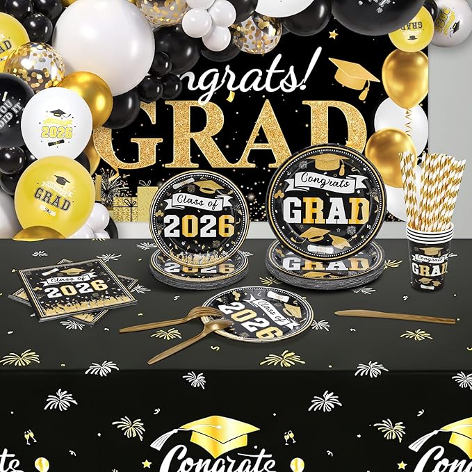 2026 Graduation Party Decorations Kit - 280 Pcs Black Gold Graduation Party Supplies Include Plates, Napkins,Cups, Straws,Tablecloth,Balloon Garland Congrats Grad Backdrop for 25 Guests