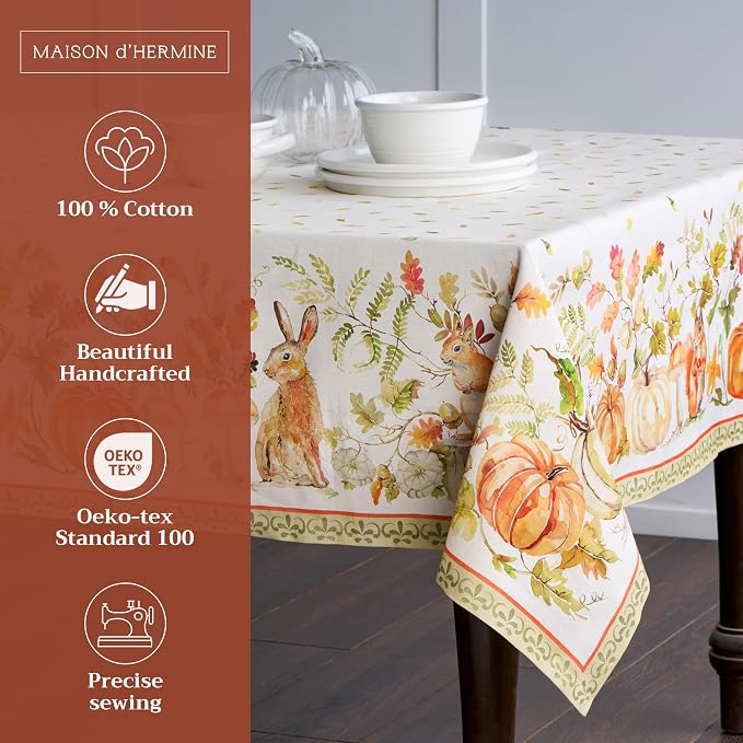 Maison d' Hermine Table Cloth Rectangle Table 100% Cotton 60 x 108 Inches Fall Tablecloth Reusable Everyday Use for Thanksgiving Christmas Decorations Dining Farmhouse Party (Pumpkin Passion)