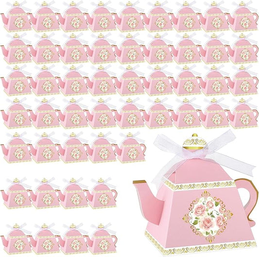 Fuutreo 50 Pcs Spring Tea Party Favor Boxes Tea Party Decorations Vintage Floral Teapot Box Flower Teapot Candy Gift Case for Women Garden Wedding Bridal Shower Birthday(Pink)