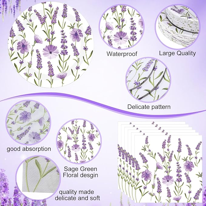 Funnymoom 200 Pcs Lavender Floral Party Supplies Kit Purple Disposable Paper Dinner Dessert Plates Luncheon Napkins Beverage Napkins for Spring Summer Birthday Wedding Tea Party Decoration 50 Guests
