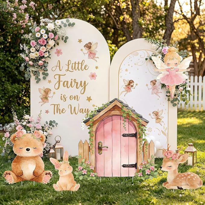 5Pcs Pink Fairy First Birthday Decorations, Large Bunny Bear Deer Fairy House Cardboard Cutout, Woodland Fairy Baby Shower Photo Booth Prop Princess Birthday Party Outdoor Indoor Decor