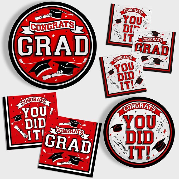 Gatherfun Graduation Party Supplies Dinnerware Set red Disposable dinner paper plates dessert paper plates and Napkins for Congrats Grad Party Decorations, Serve 50