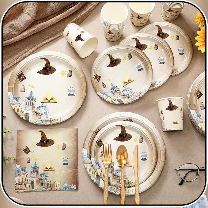 350 Pcs Magical Wizard Party Decorations Supplies A Magical Bundle Is On The Way Tableware Set Disposable Plates Cups Napkins Cutlery for Birthday Shower Wizard Party, Serve 50