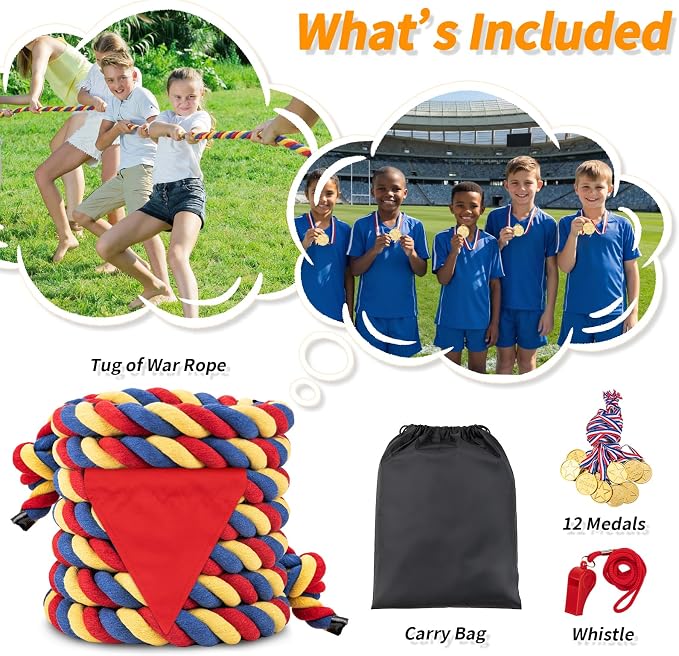 Tug of War Rope for Kids & Adults - 1in x 45ft Soft Cotton Outdoor Pulling Rope with Flag for Team Building Activities Field Day Family Reunions Birthday Parties Camping Games