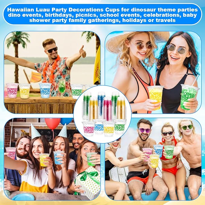 Geyoga 100 Pcs Hawaii Luau Party Cups 12 oz Disposable Plastic Tropical Flower Cups Bulk Hibiscus Clear Beverage Drinkware for Aloha Summer Beach Pool Birthday Holiday Supplies