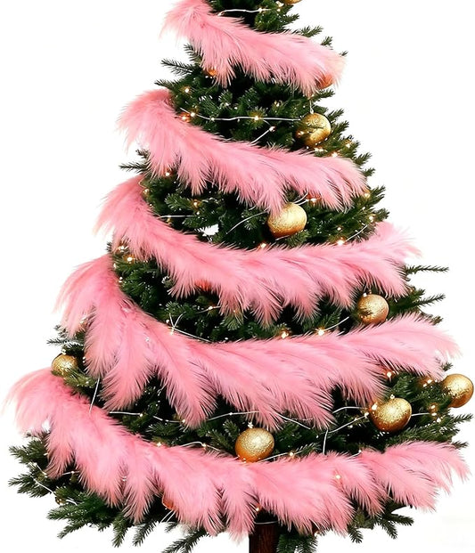 2 Pcs 12 Ft Christmas Tree Garland Decoration Pink Pampas Grass Garland Artificial Faux Fabric Feathers Wreath for Mantle Xmas Tree Home Farmhouse Christmas Holiday Party Supplies