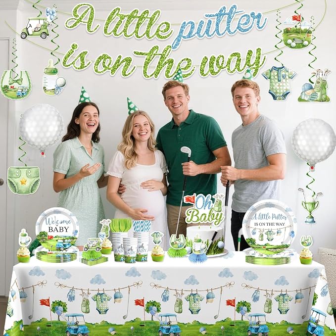 Golf Baby Shower Decorations for 25 Guests, 191PCS Blue and Green Baby Shower Decorations Boy All-in-one Set with Banner, Balloons, Plates, Cake Topper, Napkins, Tablecloths–Easy Assembly