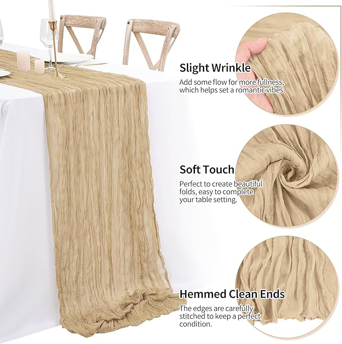 8 Pack 10Ft Cheesecloth Table Runner Beige, 20 x 120 Inch Rustic Gauze Boho Cheese Cloth Wedding Long Table Runner for Wedding Party Bridal Shower Decoration