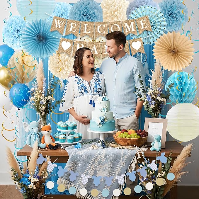 Baby Shower Decorations Kit, Welcome Baby Banner with Dusty Blue Paper Lanterns, Tissue Pom Poms, Honeycomb Balls, Clothes Banner Garland for Boho Baby Boy Shower Party Decorations