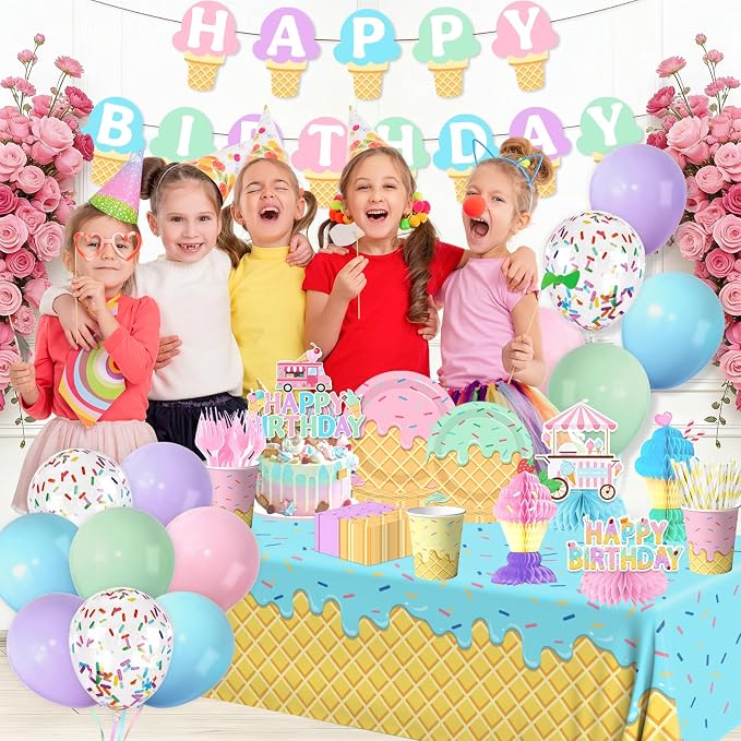 Ice Cream Birthday Party Decorations for Girl, 190Pcs Ice Cream Party Supplies Plates Napkins Tablecloth Banner Balloons Table Centerpieces for Kids Summer Birthday Ice Cream Party Decor, Serves 24