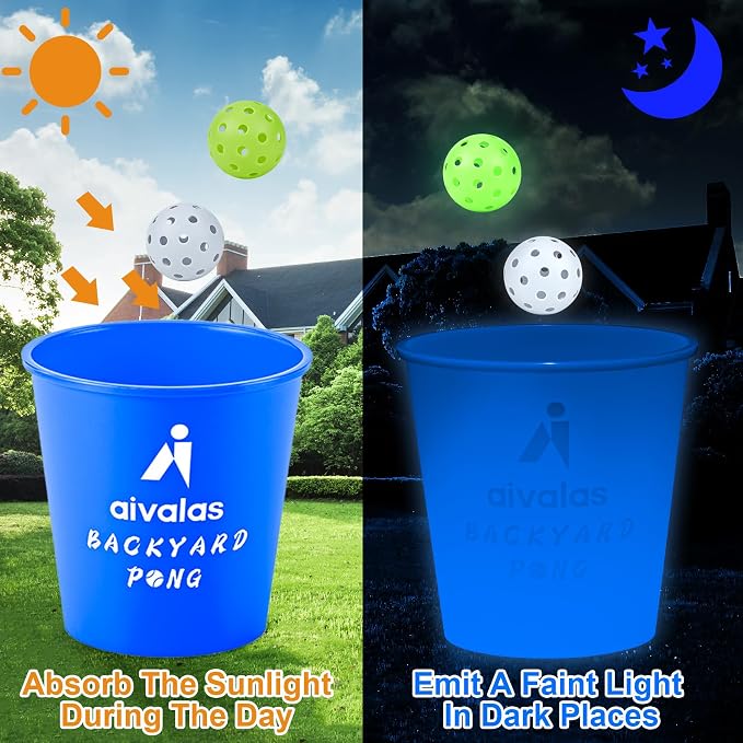 Aivalas Yard Pong Outdoor Games Glow Set in Dark, Giant Yard Pong Game for Adults and Family with 12 Buckets, 4 Balls and a Carrying Bag, Giant Pong for Beach, Camping, Lawn and Backyard