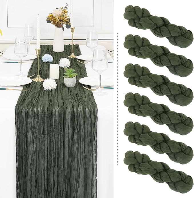 Showgeous 6 Pack Deep Green Cheesecloth Table Runner Gauze Table Runner 10FT Long Semi-Sheer Table Runner Boho or Rustic Wedding Table Decor for Wedding Decor Arch Draping Bridal Shower Holiday Party