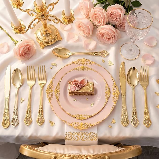 Ciaell 300PCS Pink and Gold Plastic Plates - Pink Disposable Dinnerware Sets for 50 Guests - 100 Plates, 50 Knives, 50 Forks, 50 Spoons, and 50 Napkins for Wedding, Party & Mother's Day