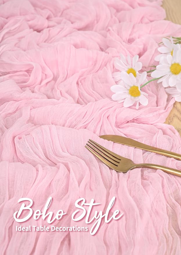 Light Pink Cheesecloth Table Runner 18 Pack 10FT - Boho Gauze Sheer Rustic Crinkled Table Runners for Wedding Party Baby Shower Bridal Decor
