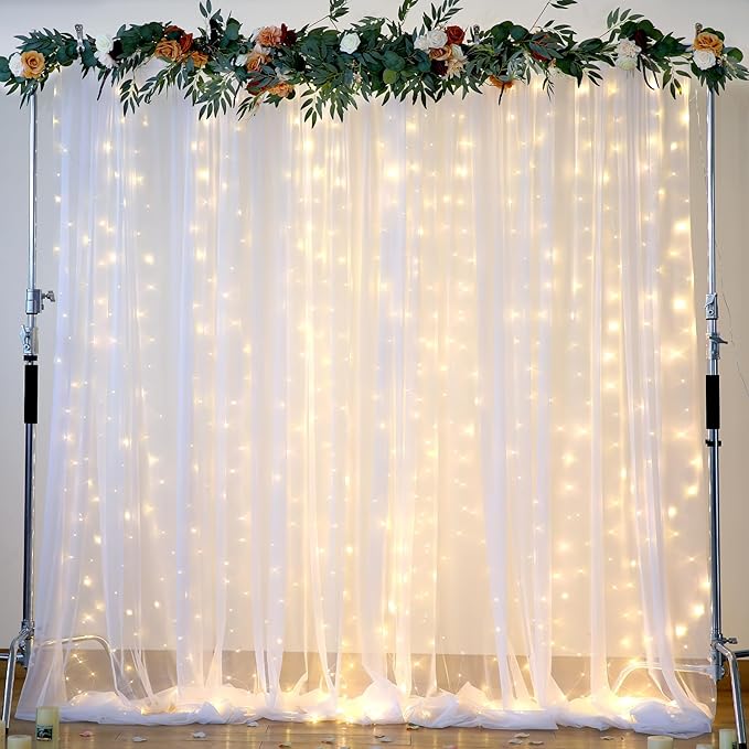 20×12ft White Tulle Backdrop Curtain with Lights String for Parites Sheer Fabric Backdrop Curtains White Backdrop Drapes for Wedding Baby Shower Birthday Party Photo Shoot Background 4 Panels 5ft×12ft