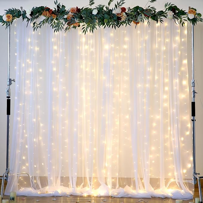 10×12ft White Tulle Backdrop Curtain with Lights String for Parites Sheer Fabric Backdrop Curtains White Curtain Backdrop for Wedding Baby Shower Birthday Party Bridal Shower Photo Shoot Background