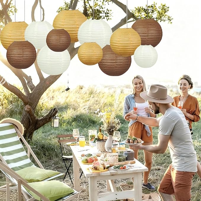 Brown Boho Paper Lanterns Decorative 12pcs Caramel Party Hanging Decorations Rustic Party Wedding Natural Baby Shower Boho Brown Birthday Party Home Decor
