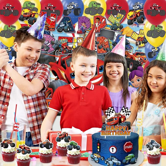 42Pack Blaze and the monster Party Supplies Kit Set Include Banner ,Cake Topper ,Backdrop ,Balloons for Party Decorations (YE4)