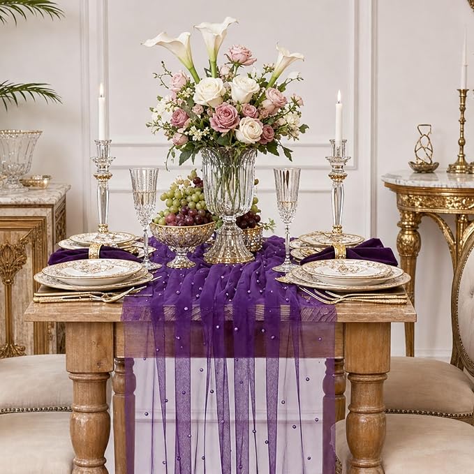 Pearl Gauze Table Runner Tulle Fabric: 10ft Seasonal Dessert Chiffon Pearl Lace Boho Overlay Wedding Veil Outdoor Wedding Aisle Runner Party Decorations Doilies, Light Yellow