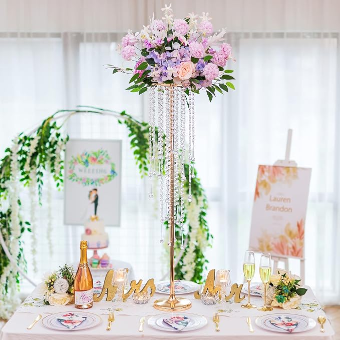 10 Pcs 39.4" Gold Flower Vase with Chandelier Crystal, Centerpiece Table Decorations, Metal Stand for Wedding, Reception, Party, Events, Home