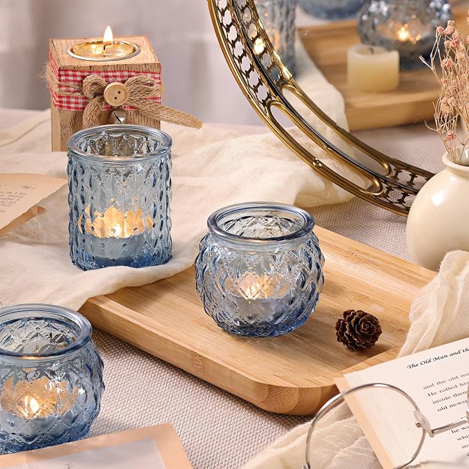 DARJEN 12Pcs Blue Votive Candle Holders- Glass Candle Holder for Vintage Decoration, Tea Lights Candle Holders for Wedding, Party Table Centerpieces & Gift