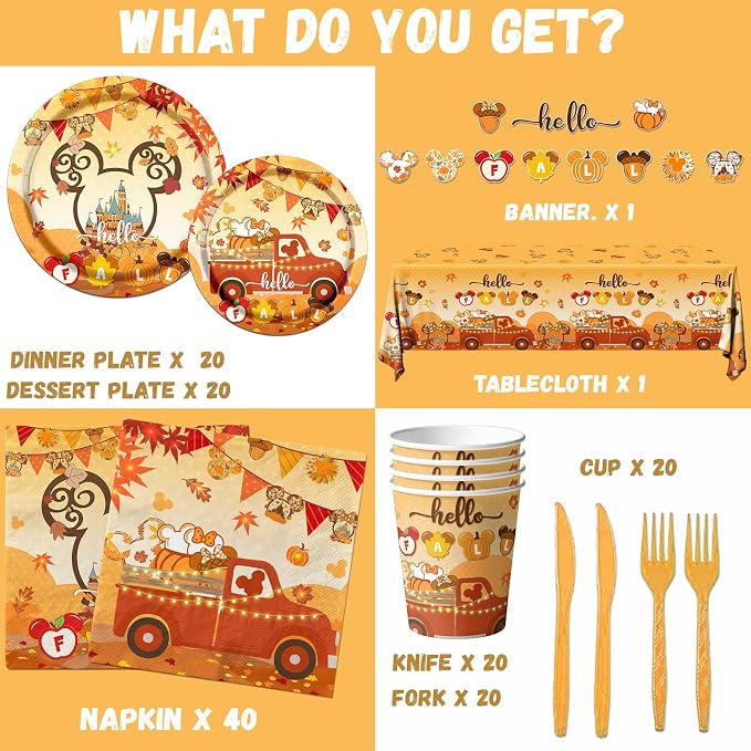 Hello Tableware Decoration,142pcs Fall Theme Mouse Pumpkin Dinnerware Include Mouse Plats Napkins Cups Plastic Fall Tablecloth for Thanksgiving Party Supplies(Serve 20)