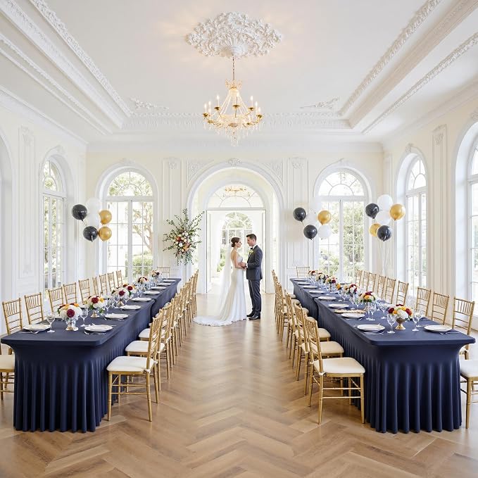 2 Pack Navy Blue Spandex Tablecloths for 8 Foot Rectangle Tables, Wrinkle Free Fitted Table Cloths 8ft Stretchy Table Cloth Covers with Skirt for Parties Weddings Birthday Banquet Baby Shower