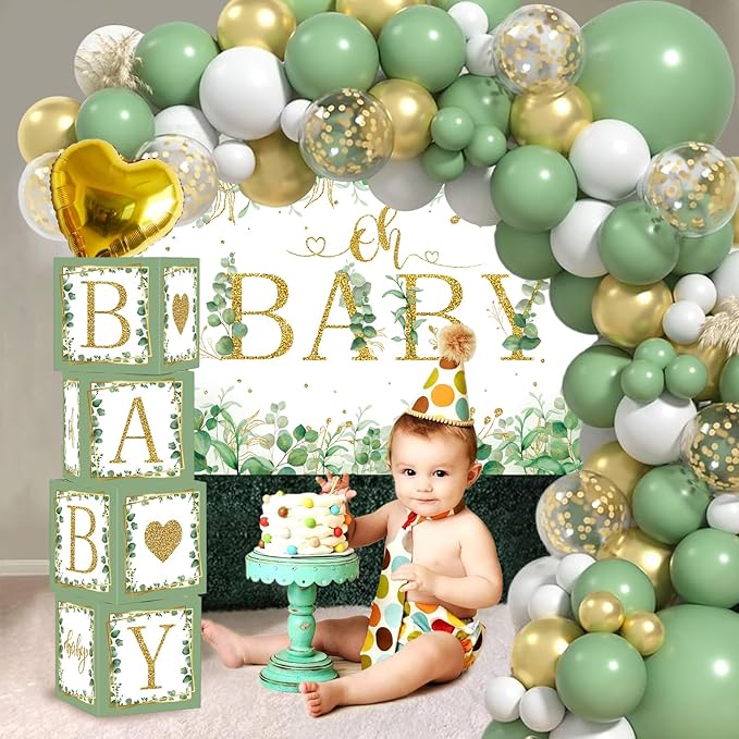 Sage Green Baby Shower Decorations for Boy Girl 106pcs Greenery Balloon Arch Kit, Baby Box,Tablecloth and Backdrop for Boho Woodland Jungle Theme Baby Shower Decor Neutral Party Supplies