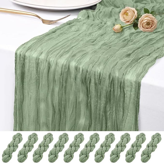 10 Pack Sage Green Cheesecloth Table Runner 17x108 Inch Semi Sheer Boho Rustic Gauze Cheese Cloth Table Runners for Wedding Party Birthday Baby Shower Home Décor