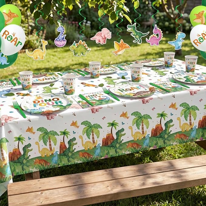 210 Pcs Dinosaur 4th Birthday Party Decorations (Serves 24), Four-Rex Jurassic Dinosaur Birthday Include Banner Hanging Plates Napkins Cups Forks Knifes Tablecloth Topper Balloons for Party