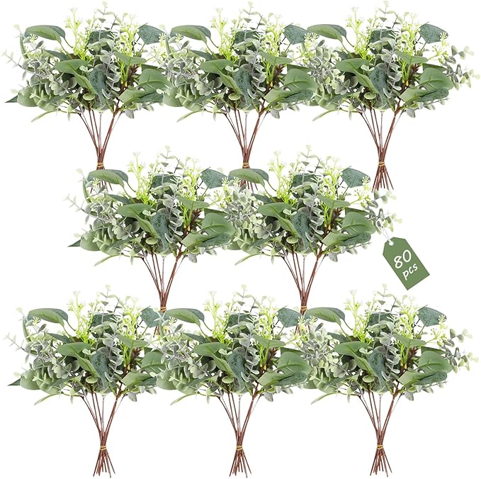 ZeKonan 80 Pcs Mixed Eucalyptus Leaves Stems Bulk Artificial Silver Dollar Leaves for Vase Bouquets Baby Eucalyptus Leaves for Family Wedding Center Flower Arrangement