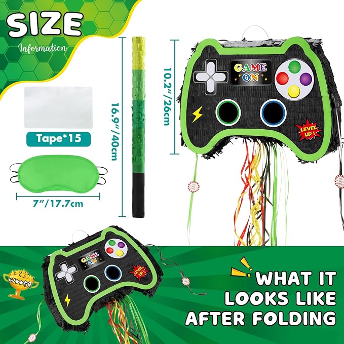 WERNNSAI Foldable Video Game Piñata - Pull String Gaming Birthday Party Supplies Extendable Piñata with Blindfold Bat and Tassels Game On Birthday Party Decoration Folding Piñatas for Classroom Game
