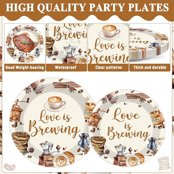 96Pcs Love Is Brewing Party Decorations Bridal Shower Tableware Coffee Theme Plates Napkins Forks Love is Brewing Coffee Dinnerware Party Supplies for Engagement Bachelorette Party Serves 24 Guests