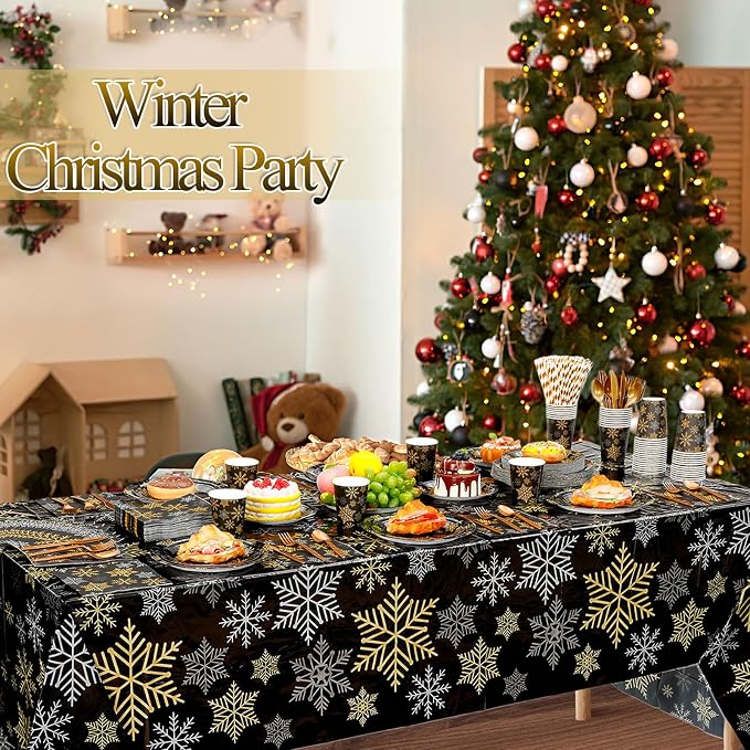 Funnymoom 452 Pcs Christmas Snowflake Party Supplies Black Gold and Sliver Snowflake Paper Plates and Napkins Cups Tablecloth Cutlery Straws for 50 Guests Winter Xmas Birthday Party Decoration