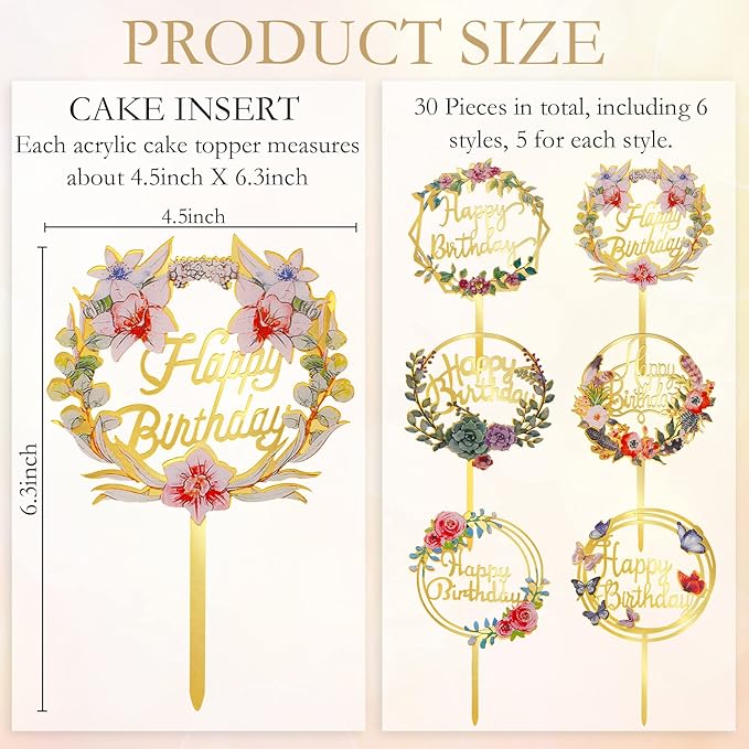 Coume 30 Pcs Happy Birthday Cake Toppers Flower Acrylic Birthday Cupcake Toppers Cake Pick for Birthday Party Cake Desserts Pastries Decorations, 6 Styles